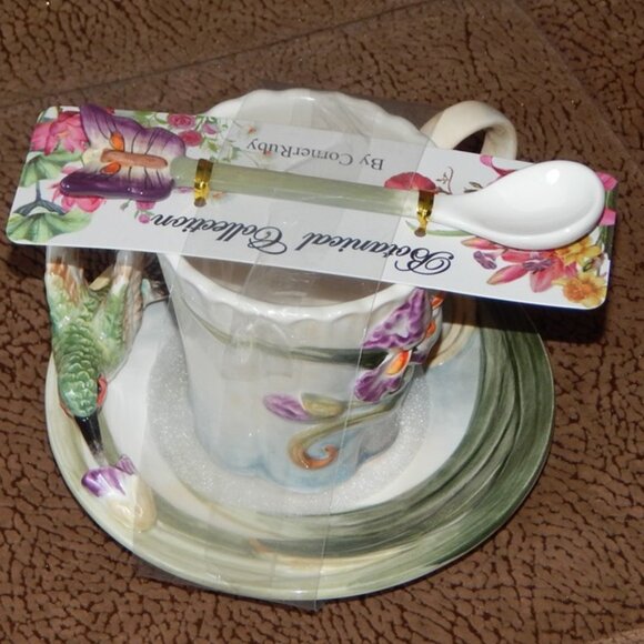 Botanical Collection Corner Ruby Hummingbird Iris Teacup Saucer Spoon Set NWT - Picture 6 of 12